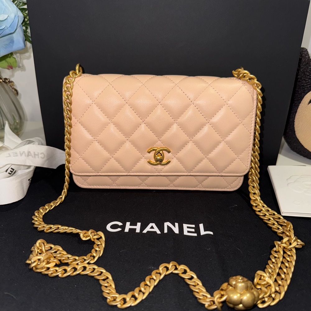 Chanel Mini Wallet on Chain (WOC) – Pink Beige with Gold Camellia Slider